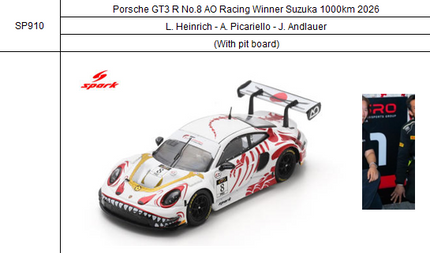 [Pre-Order] 1:43 Porsche GT3 R No.8 AO Racing Winner Suzuka 1000km 2026 L. Heinrich - A. Picariello - J. Andlauer (With pit board)