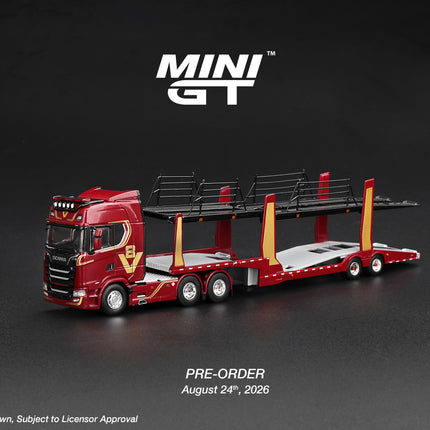 [Pre-Order]  1/64 Mini GT Scania 770S A6x4NA Car Transporter V8  50th anniversary + Car transporter Red（9.7）